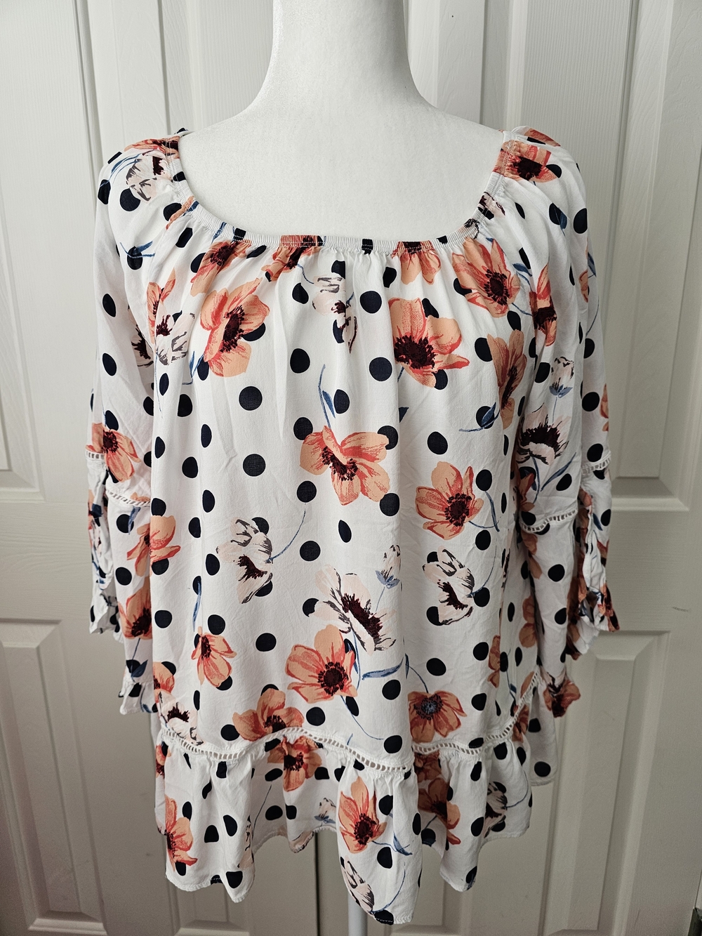 Fever Brand Floral Polka Dot Peasant Top - White with Coral Floral.  Size L